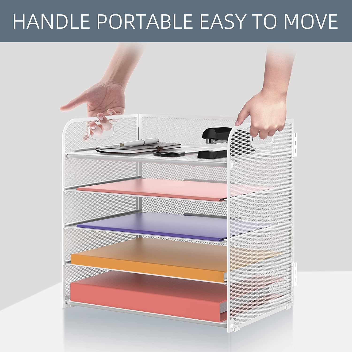 Supeasy 5 Trays Paper Organizer Letter Tray with Handle-Mesh Desk File Organizer,Black Paper Sorter Desk Organizer for Office,Home or School - Image 5